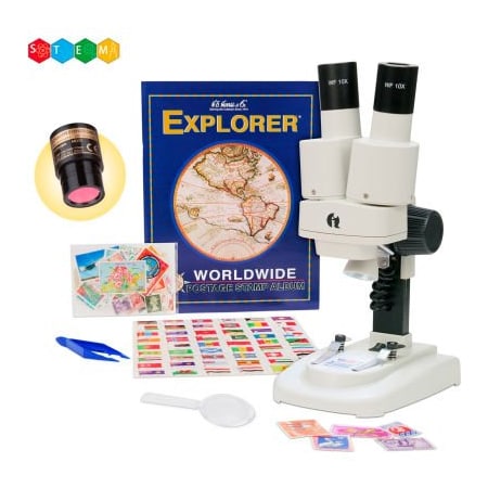United Scope. AmScope 20X-50X Kid's Deluxe Stereo Microscope with Digital Camera, Stamp Kit, Dual-Illumination SE102LED-STMP-TW-E